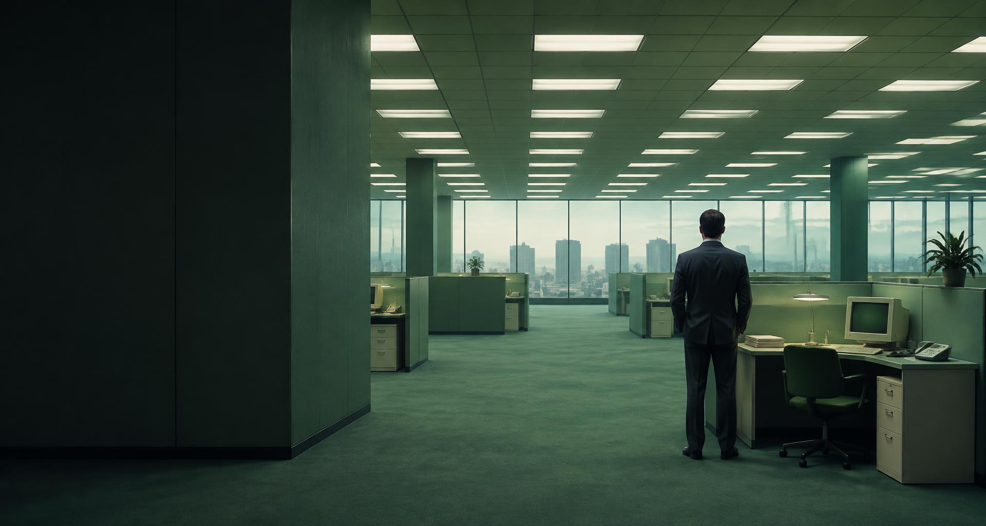 A lone employee in a surreal retro office